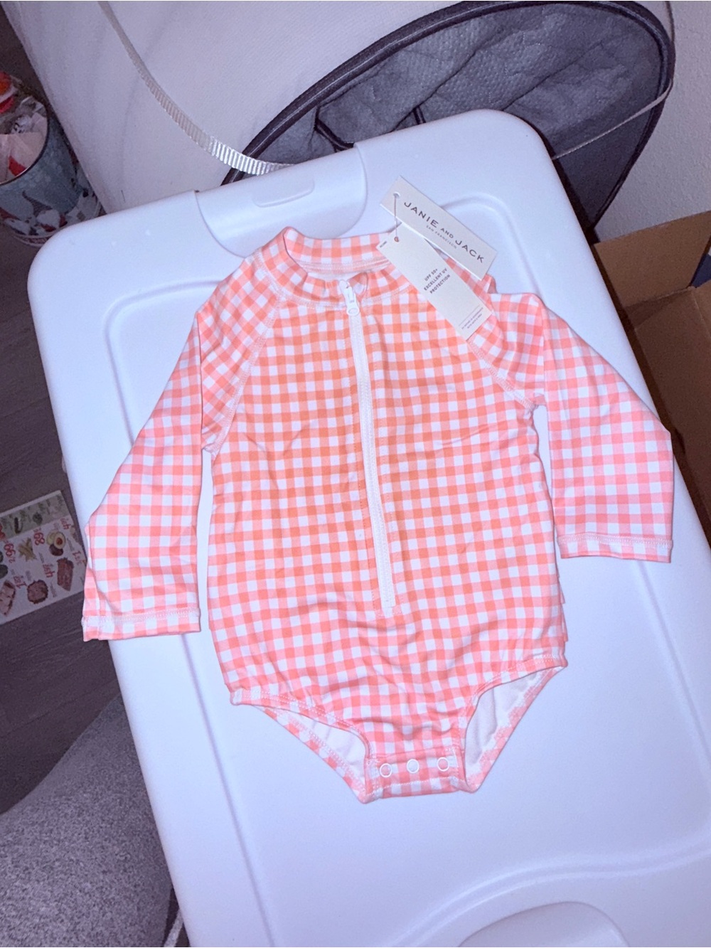 Janie and Jack Coral and White Gingham Long-Sleeve Swim Rashguard